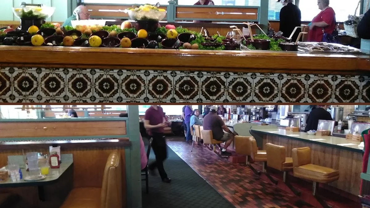 Breakfast plates on a simple restaurant table.